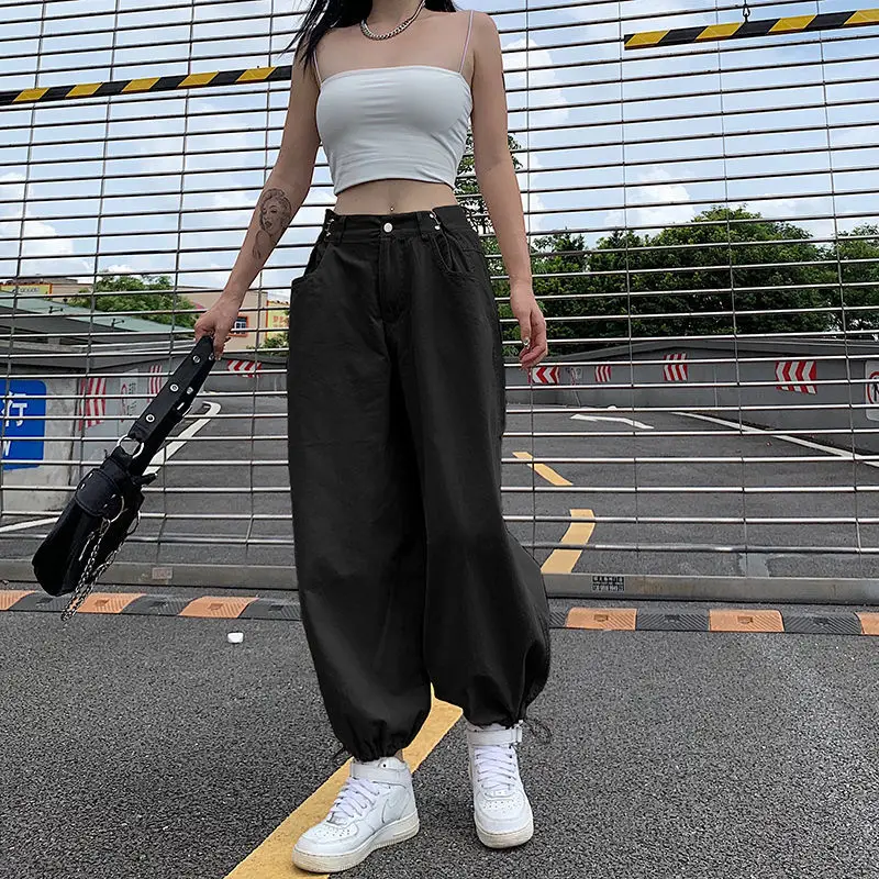 Summer Simplicity Loose Solid Color Cargo Pants Adjustable Drawstring Lantern Trousers Versatile Fashion Casual Women Clothes