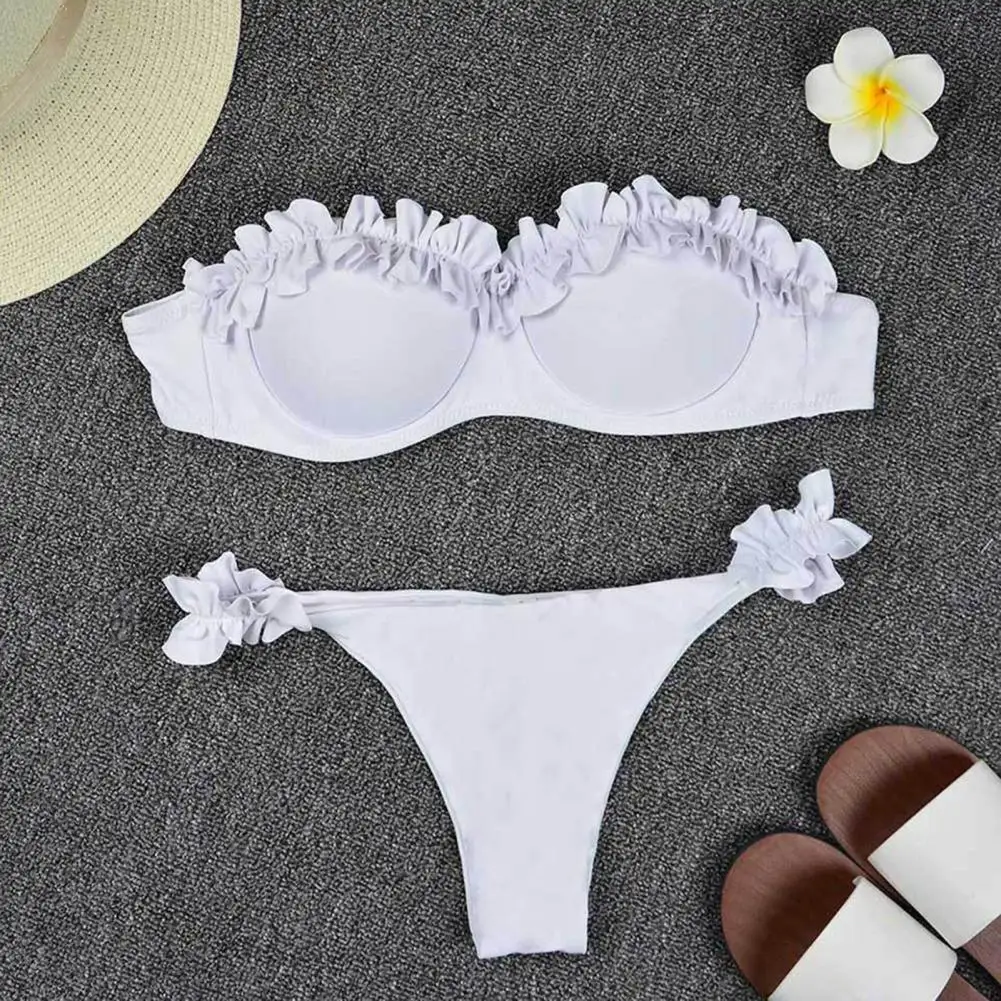 2 unids/set de Bikini de verano para mujer, conjunto de sujetador Bandeau con ribete de volantes, bragas de tiro medio, traje de baño Push Up, traje de baño de diseño dividido