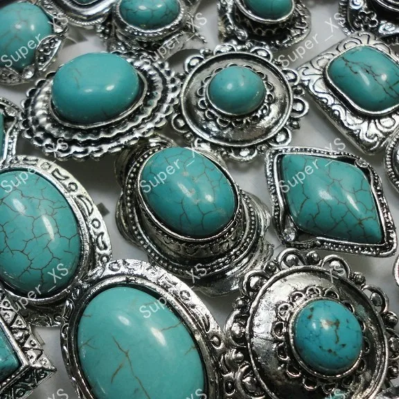 10Pcs Vintage Jewelry Retro Natural Stone Women Tibet Silver Plated Rings Lots Adjustable Size LR250