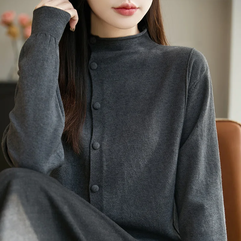 

Thiened Warmth f-High Collar Ele Diagonal Button Open Cardigan Women Versatile Slimming Loose Knitted Sweater Casual...