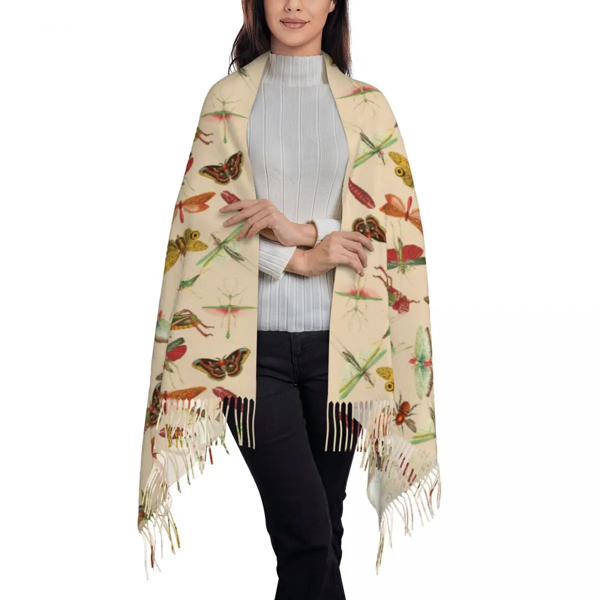 Vintage Bugs And Insects Illustration Scarf Tassel Scarves for Women Soft Warm Shawls and Wraps Long Fall Winter Shawl Wrap