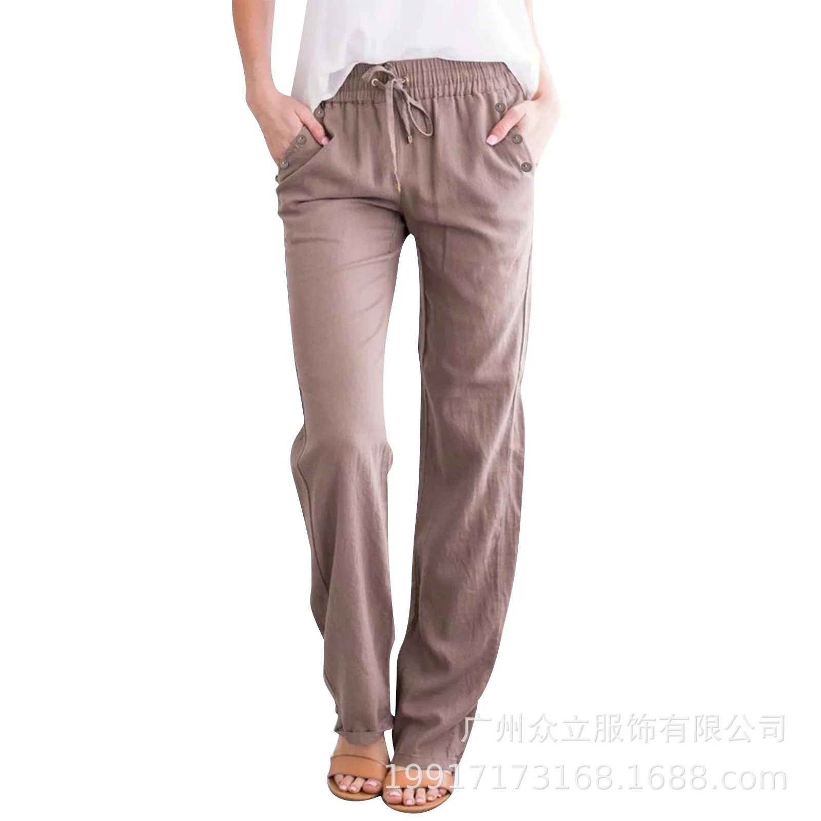 

Women Pants High Waisted Wide Leg Casual Fashion Loose Bottom Cotton Linen Drawstring Straight Elastic Trousers Pockets Long Pan