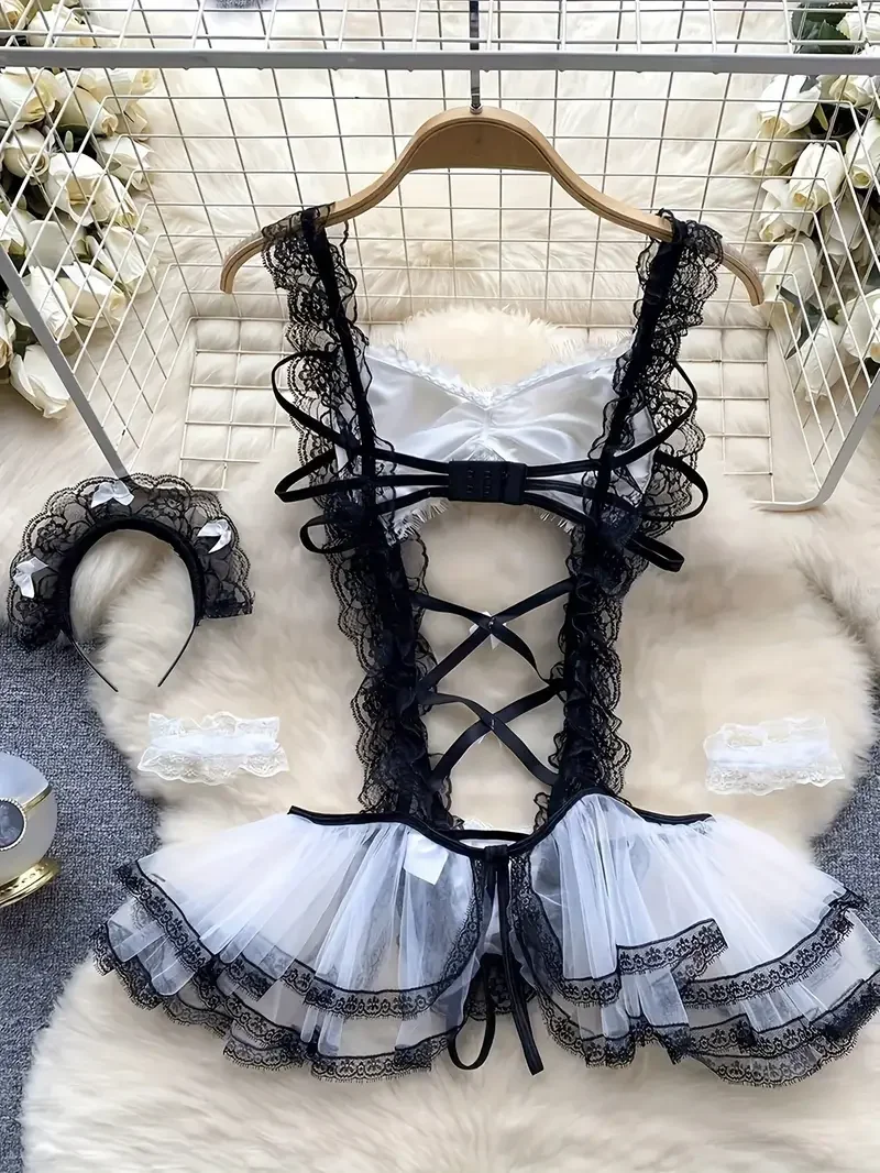 Freche Dienstmädchen-Uniform, Rollenspiel-Kostüm, Body für Frauen, sexy Dessous, Schleife, Spitze, Hosenträgerkleid, Cosplay-Unterwäsche