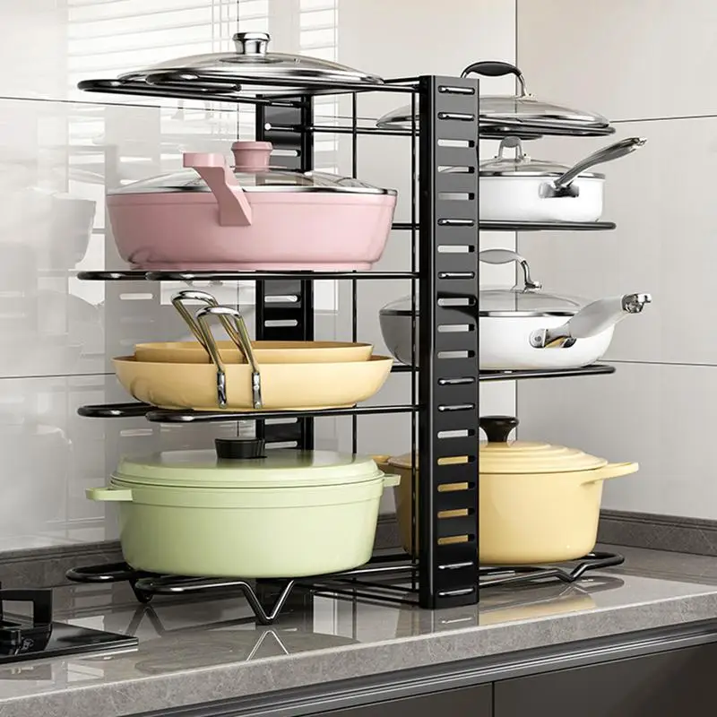 Pots and Pans Holder 8-Tier Adjustable Pan Organizers Cabinet Organizers Space Saving Kitchen Storage for Pots Pans Lids