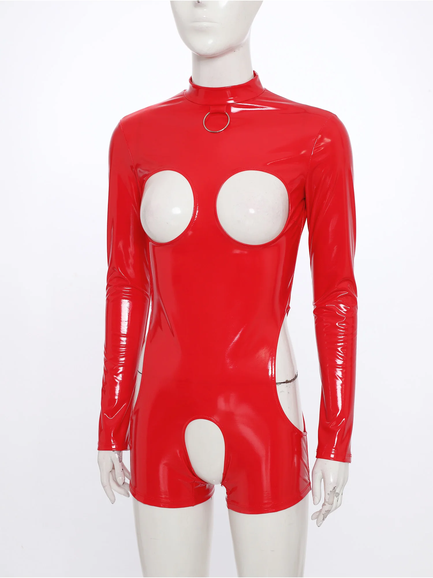 بدلة نسائية مثيرة من جلد البولي يوريثان برقبة وهمية وأكمام طويلة مفتوحة المنشعب ثوب فضفاض للنوادي الليلية بدلة رقص Catsuit ملابس النادي #3