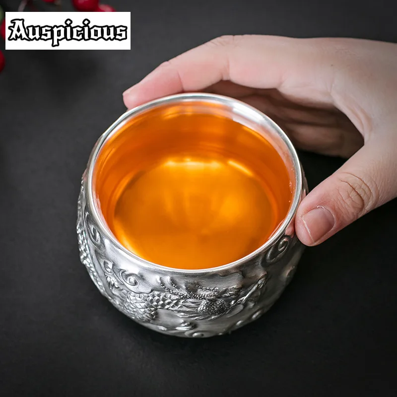 210ml Creative Dragon And Phoenix Master Cup Boutique Gilt Silver Teacup Tasting Mug Zen Tea-calix Fragrance Cup Tea Services