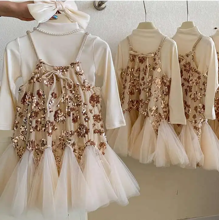 

New Baby Girls Fall Fashion Sets Long Sleeve Underwear + Vest Sequined Mesh Dress Princess Elegant Suits 2-7T