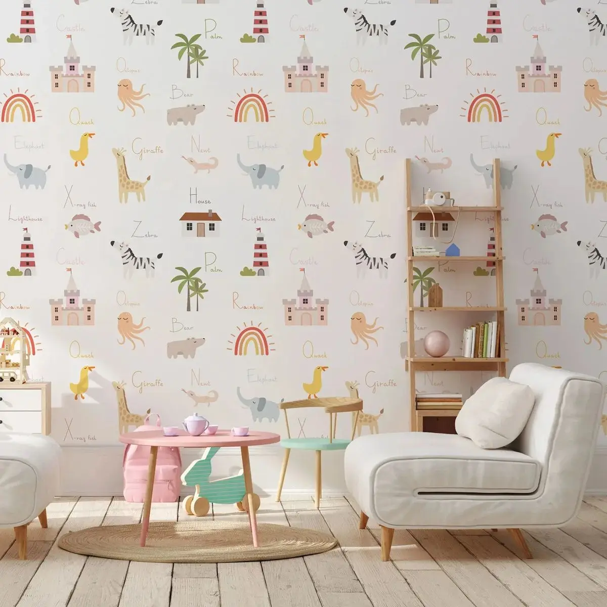 Kids Educational Wallpaper Peel and Stick, Cute Animals Cartoon Wall Mural For Nursery Wall Decor, Self Adhesive Or Traditional