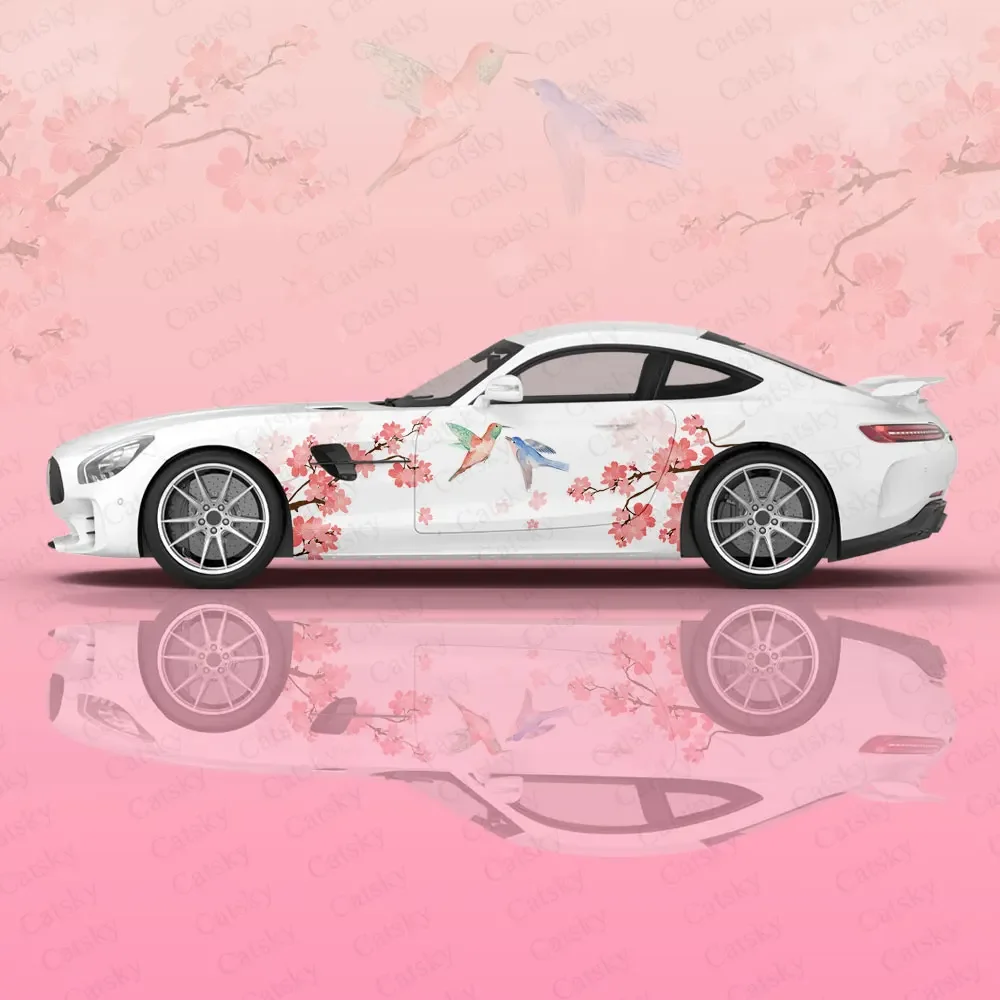 Cherry Blossoms Car Graphic Decal Protect Full Body Vinyl Wrap Modern Design Bird Image Wrap Sticker Decorative Women Car Decal