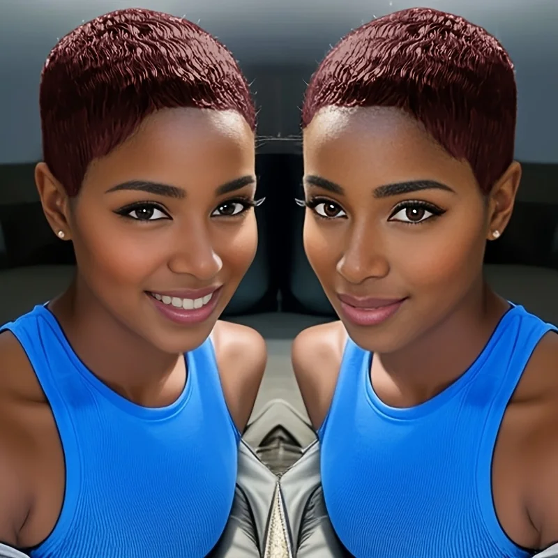 짧은 레이어드 픽시컷 인모 전체 머신메이드 가발 (앞머리 포함) 시원한 여름 가발