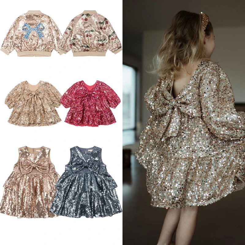 

Girls' Clothing 2026 Autumn Winter New KS Brand Sequin Series Cherry Coat Big Bow Dress Vest Skirt Temperament Princess Dress