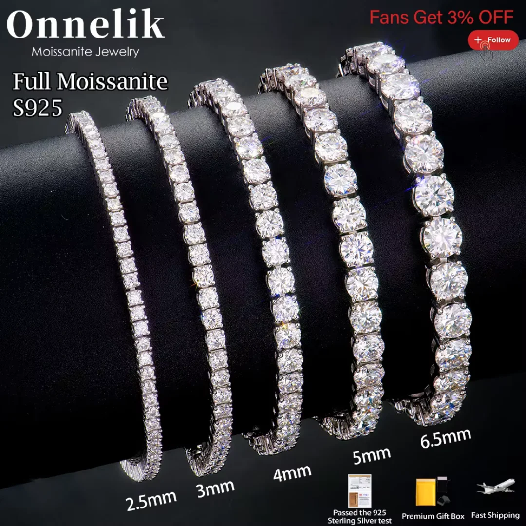 

Onnelik полный D цвет 2,5-6,5 мм D цвет муассанит теннисный браслет для женщин и мужчин сверкающие бриллианты S925 стерлингового серебра хип-хоп