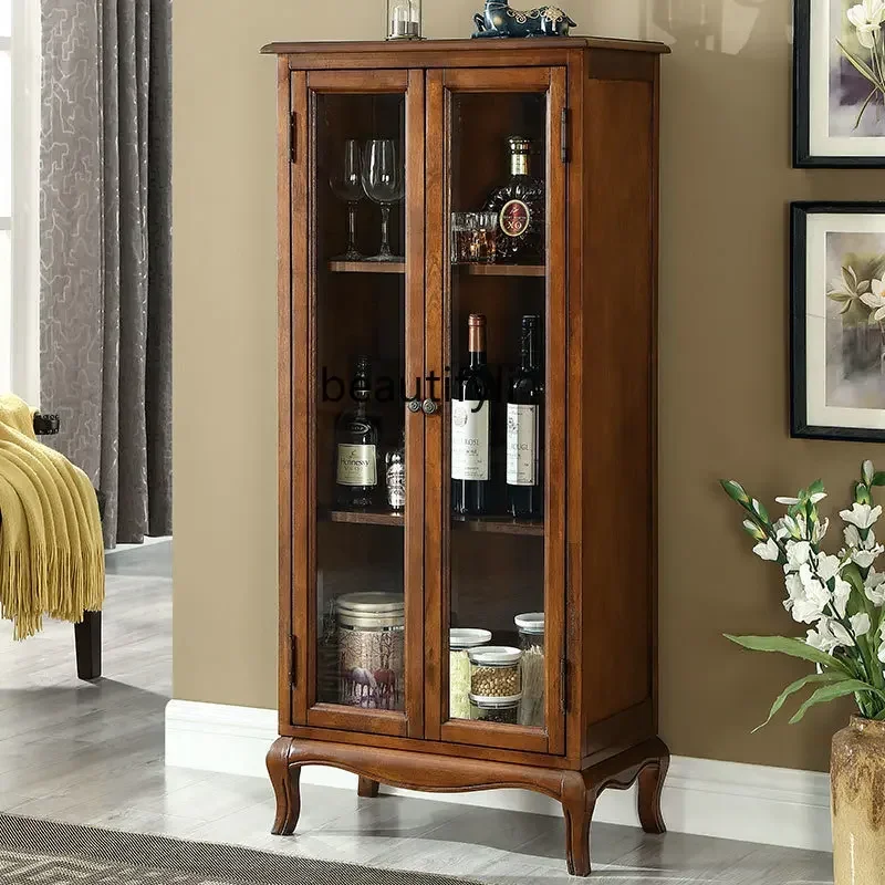 American-Style Solid Wood Wine   Small Locker European-Style Living Room Wall Storage Cabinet Shelf Glass Display Side Cabinet