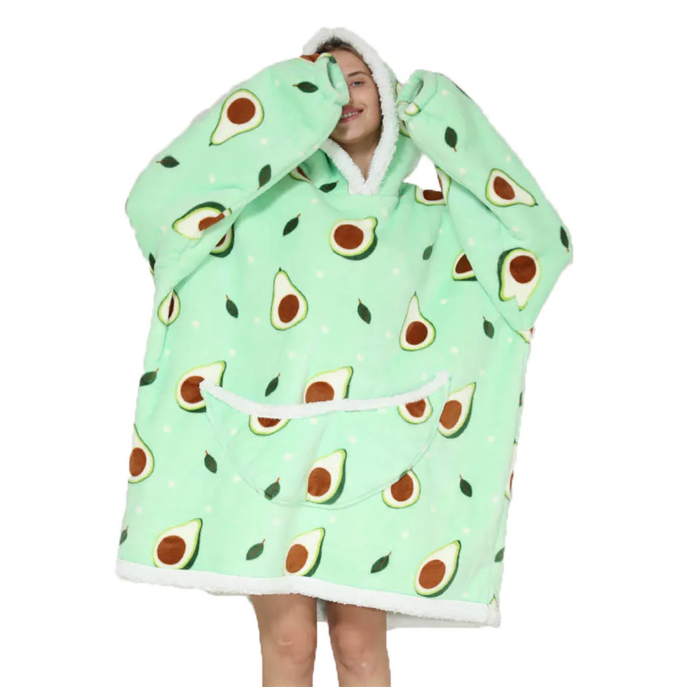 Oversized Blanket Hoodie for Women Men Wearable Blanket Hoodie with Sleeves Cute Cartoon Avocado Print Sweatshirt Winter Clothes