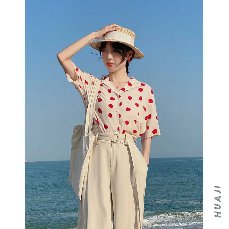 Retro Planet Print Loose Short Sleeved Suit Collar Shirt for Women Vintage ShirtPolka Dot Shirt Ladies Tops Summer 2024