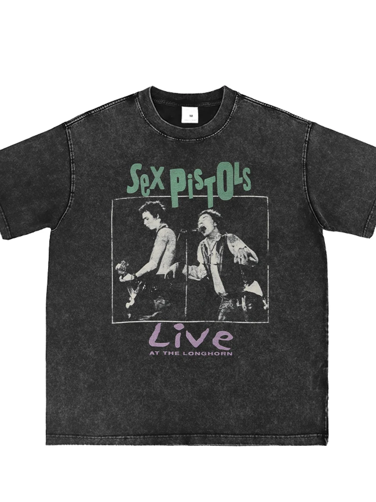 Washed Vintage Sex Pistols Band T-Shirt Short Sleeve American Street Punk Rock Style Youth Casual Cotton round Neck Top
