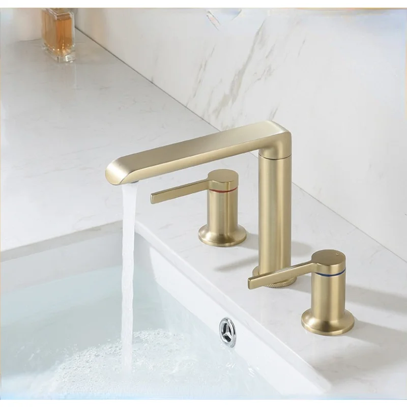 

All-Copper Double-Handle Three-Hole Faucet Brushed Gold Bathroom Basin Split Hot And Cold Water