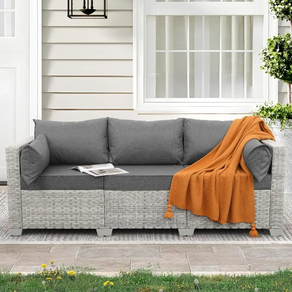 

Outdoor Couch 3 Seater Wicker Patio Sofa Grey Rattan Deep Seat Balcony Furniture Porch Seating with Grey Cushion