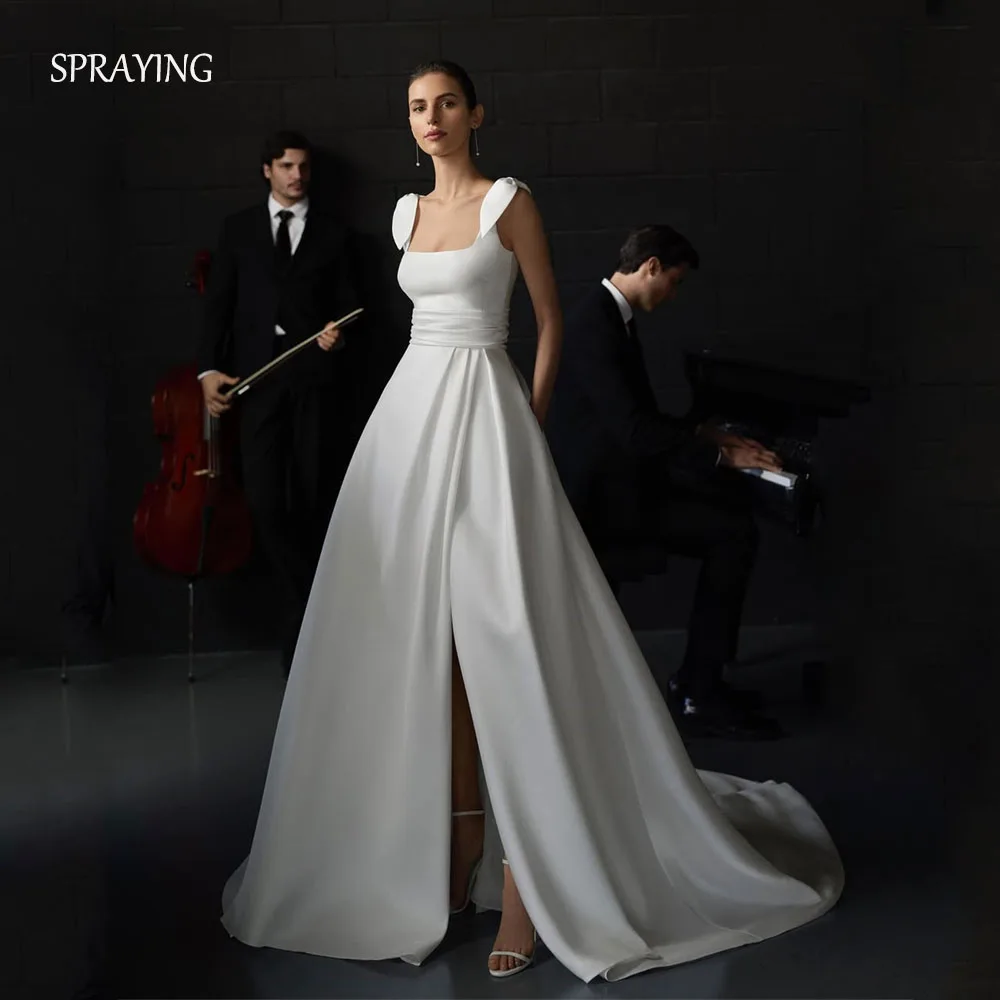 ชุดแต่งงานผ้าซาตินสีงาช้างแบบสเปรย์ 2 ชิ้น คอเหลี่ยม สายเดี่ยว ทรงเอไลน์ ชายกระโปรงยาวแบบลากพื้น สามารถสั่งตัดได้