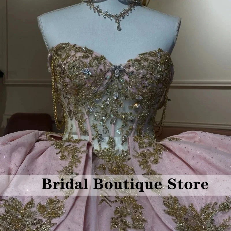 Pink Shiny Quinceanera Dresses Off The Shoulder Gold Applique Lace Beading Bow Tull Party Birthday Sweet 16 Dress Vestidos De 15
