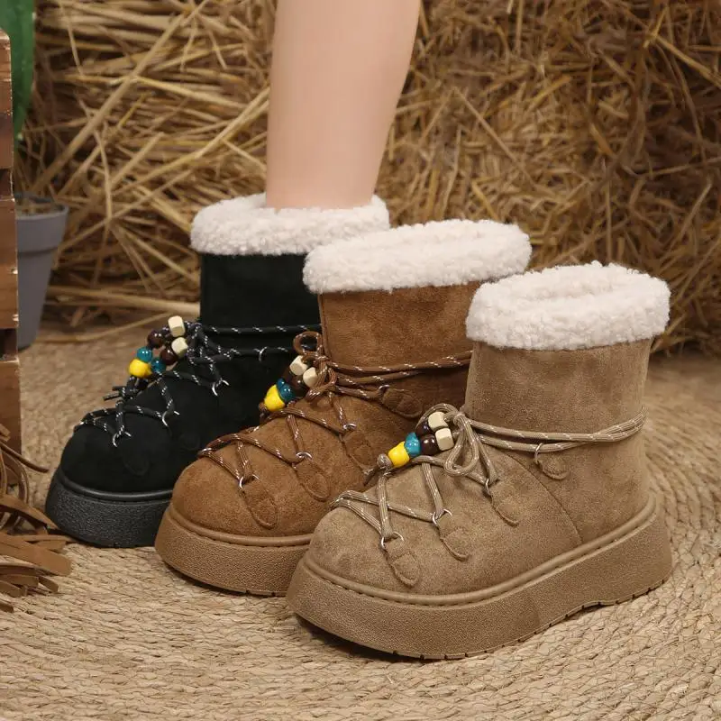 

Winter Platform Snow Boots for Women Fad Comfort Warm Plush Cotton Boots Soft Thick Bottom Non Slip Furry Chunky Shoes for Women