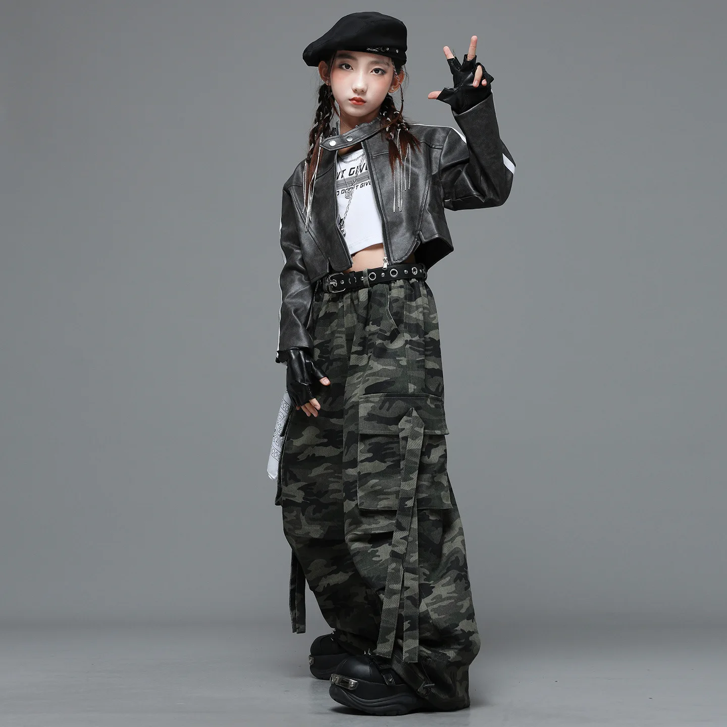 طفل Kpop الهيب هوب الملابس البني بولي Leather الجلود المحاصيل سترة أعلى كامو حزام المظلة البضائع السراويل لفتاة الجاز ملابس رقص الملابس #3
