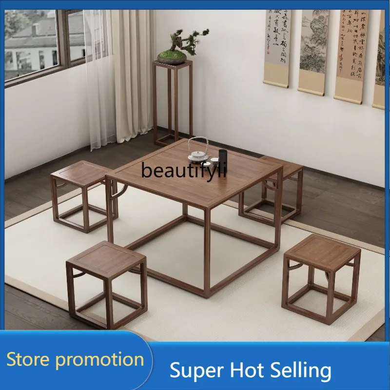 a485 Square solid wood Chinese black walnut with drawers square tea house table casual chess and card tables and chairs