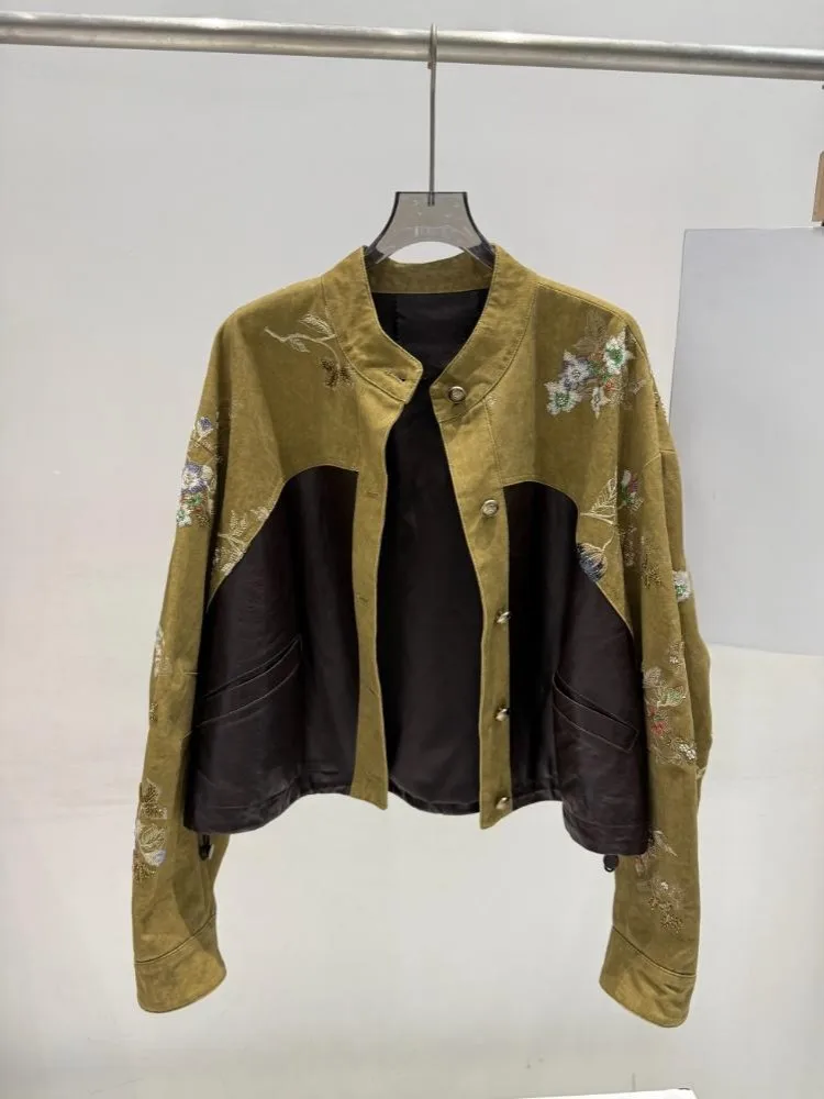 New Fashion Women Genuine Sheepskin Spliced Embroidery Stand Collar Long Sleeve Short Jackets Single Breasted Loose Outerwear