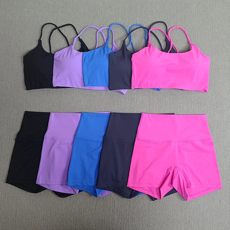 

2 Piece Yoga Shorts Bra Set Gym Sports Set The Beautiful Back Cross Back Bra Top High Waist Shorts Running Workout Tracksuit