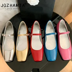 JOZHAMTA Size 34-42 News 5 Colors Women Ballet Flats Shoes Soft Real Leather Pumps Shoes For Woman Strap Wedding Silver Shoes