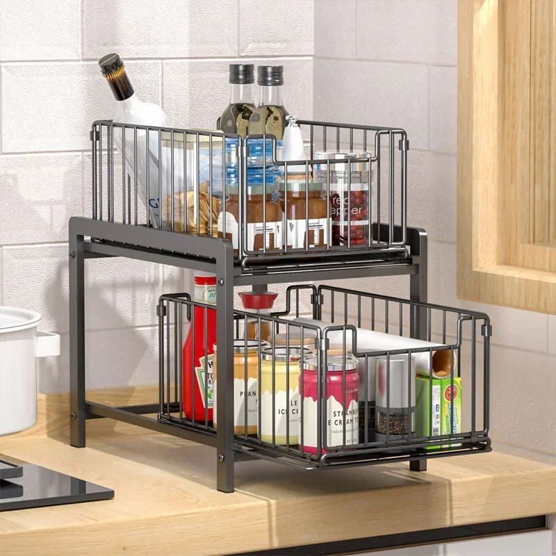 Under Sink Shelf Cabinet Organizer  2-Layer Removable Pull-Out Kitchen Under Sink Organizer Storage Rack With Drawers