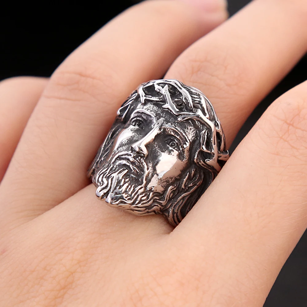 Unique Vintage Catholic Jesus Head Ring Punk Stainless Steel Jesus Portrait Ring Fashion Creative Amulet Jewelry Gifts Wholesale