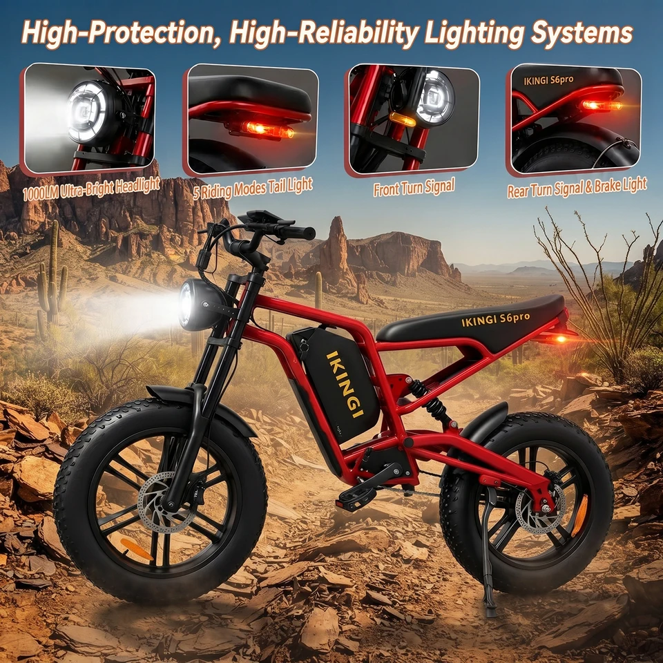 High Performance Red Full Suspension Electric Bike Fat Tire All Terrain Mountain Ebike for Adults Dual Shock Absorber Front and Rear Suspension Disc Brakes LED Headlight Fast Speed Beach Snow Trail Commuter E-Bicycle image 9
