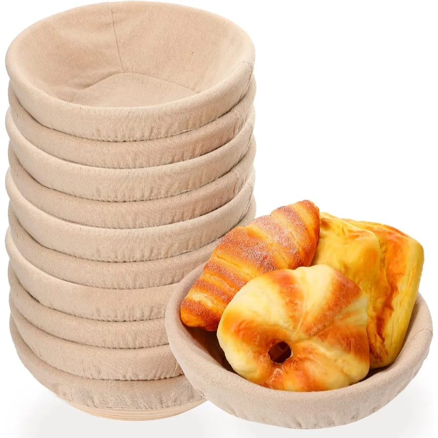 

10 Pieces Banneton Bread Proofing Basket Round Sourdough Proofing Basket Banneton Basket Dough Bowl with Liners and Scrapers fo