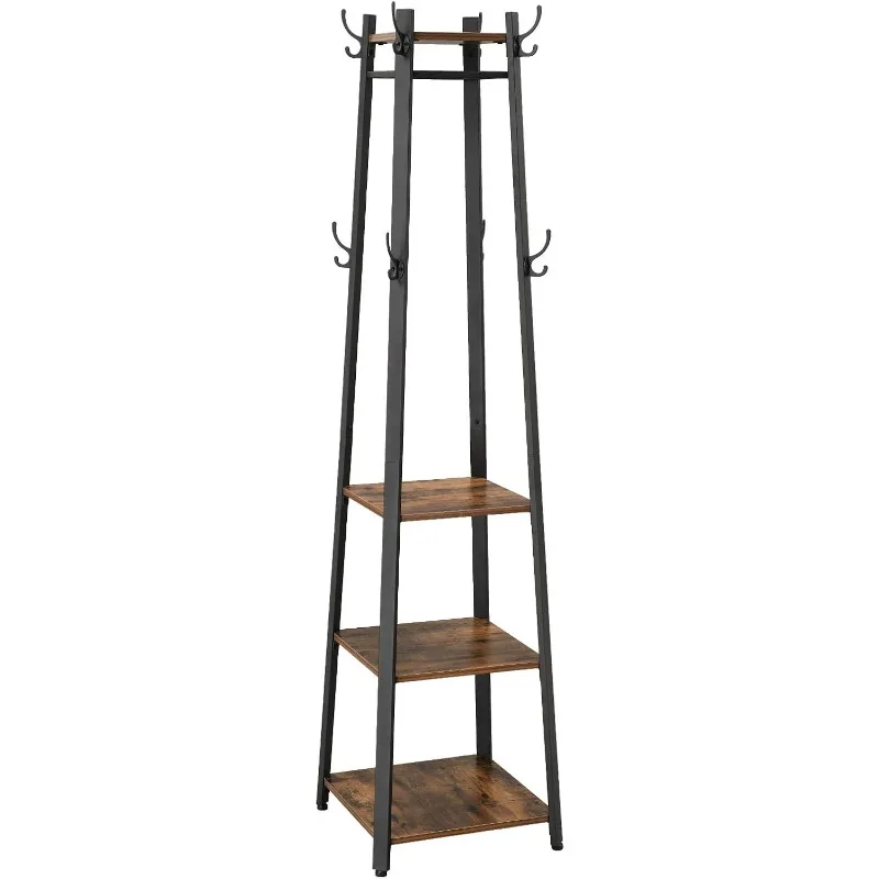 Coat Rack, Coat Stand with 3 Shelves, Hall Tree Free Standing with Hooks for Scarves, Bags, Umbrellas, Steel Frame, Industrial