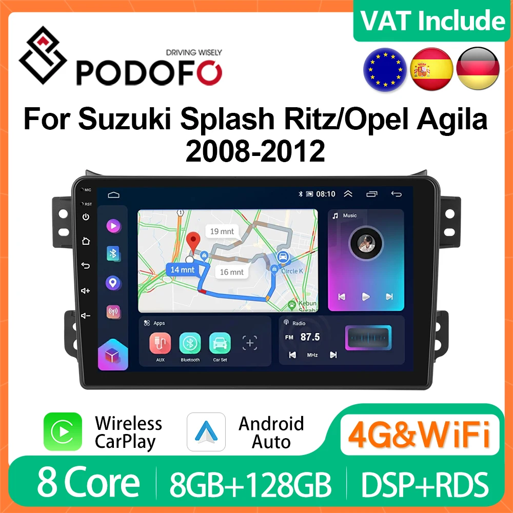 Podofo 4G CarPlay Android Radio For Suzuki Splash Ritz Opel Agila 2008-2012 Car Multimedia Player Head Unit GPS Stereo Autoradio