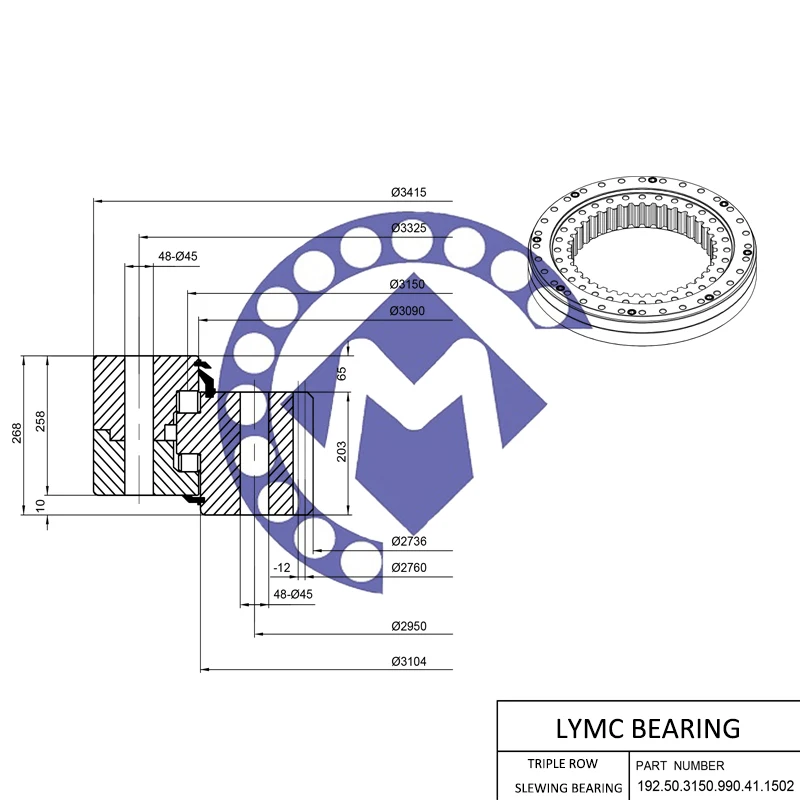 Triple Row Rolling Bearing 192.50.3150.990.41.1502 With Inner Gear Swivel Bearing For Forklift