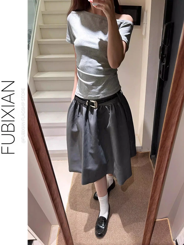 

American Retro High Waist Loose A-Line Skirt with Large Skirt Hemline Casual Sle ey Midi Skirt for Ladies And Girls
