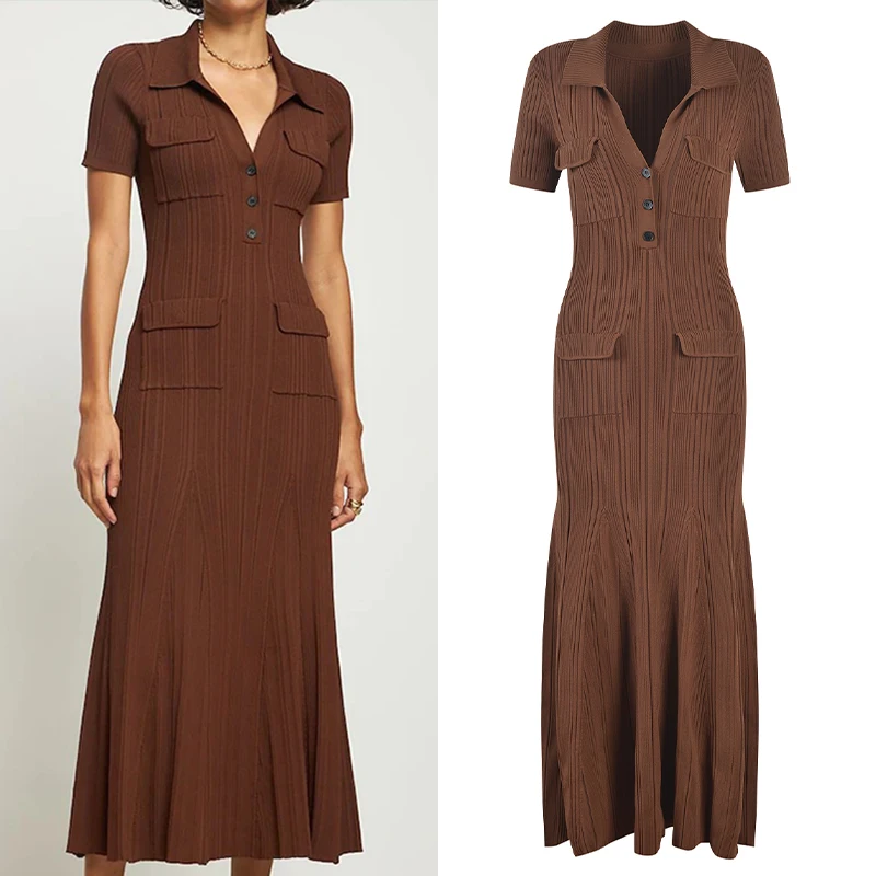 

High Waist Knitted Long Party Dress Caramel Coffee Color French Style Parisian S Home Waist Cinched Elite Version