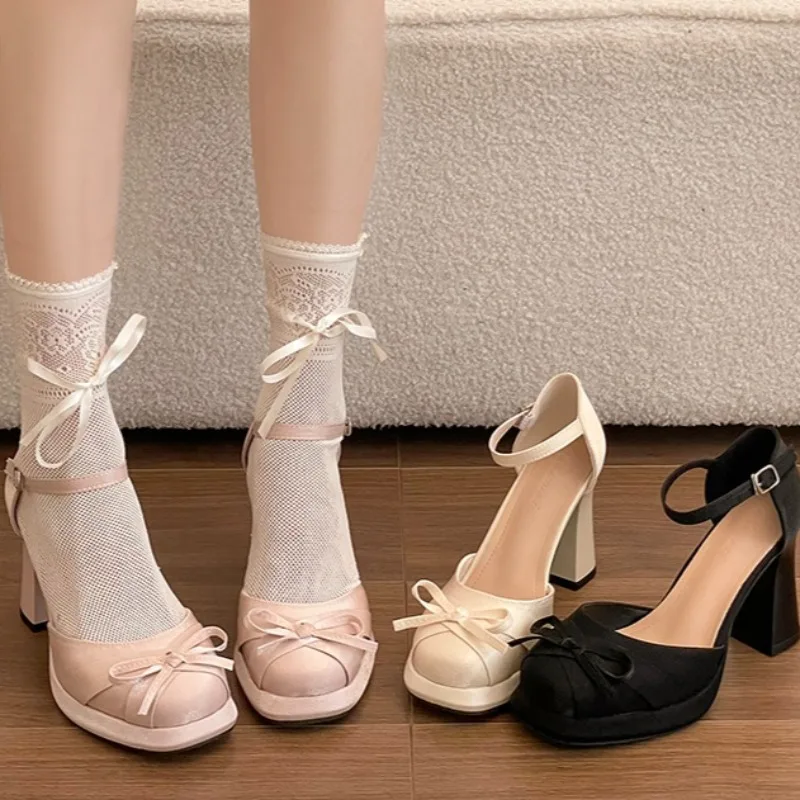 Women's Square Closed Toe Solid Color Bow Embellishment Sandals Women Elegant Fashionable Block High Heel Sandals Summer New