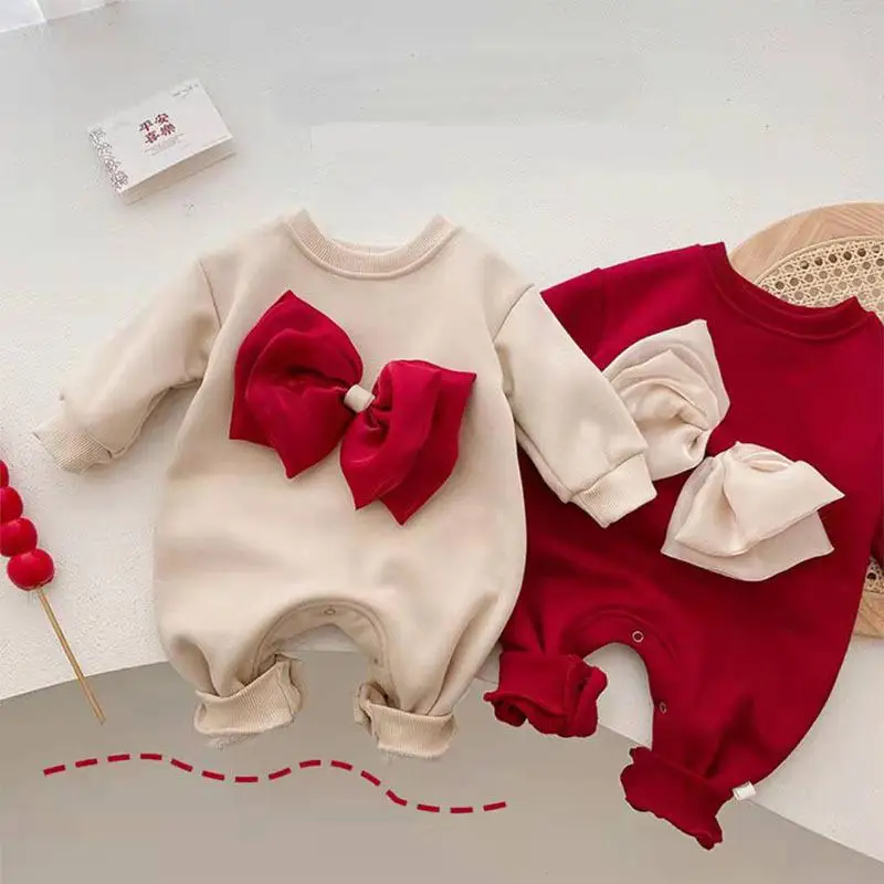 

2025 Winter New Baby Long Sleeve Fleece Romper Cotton Infant Girl Cute Bow Jumpsuit Plus Velvet Thick Newborn Warm Clothes 0-24M