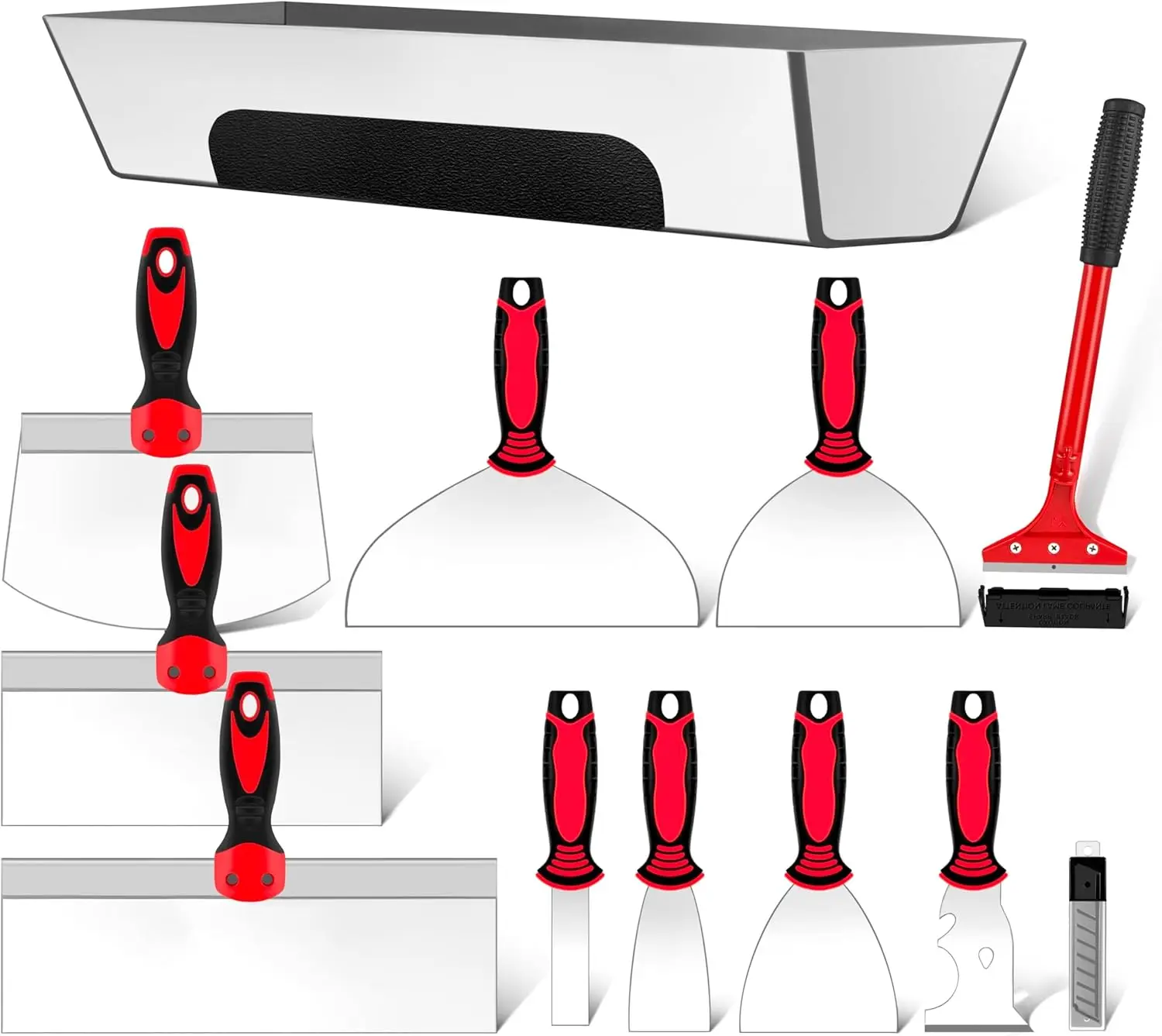

12PCS Drywall Tools Set - Stainless Steel Putty Kit with Knives, Taping Knife, Scoop, Scraper, Mud Pan, Floor Scraper