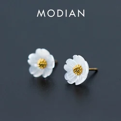 Modian 100% 925 Sterling Silver Ceramics Gold Color Flower Stud Earrings for Women Plant Wedding Statement Jewelry Orecchini
