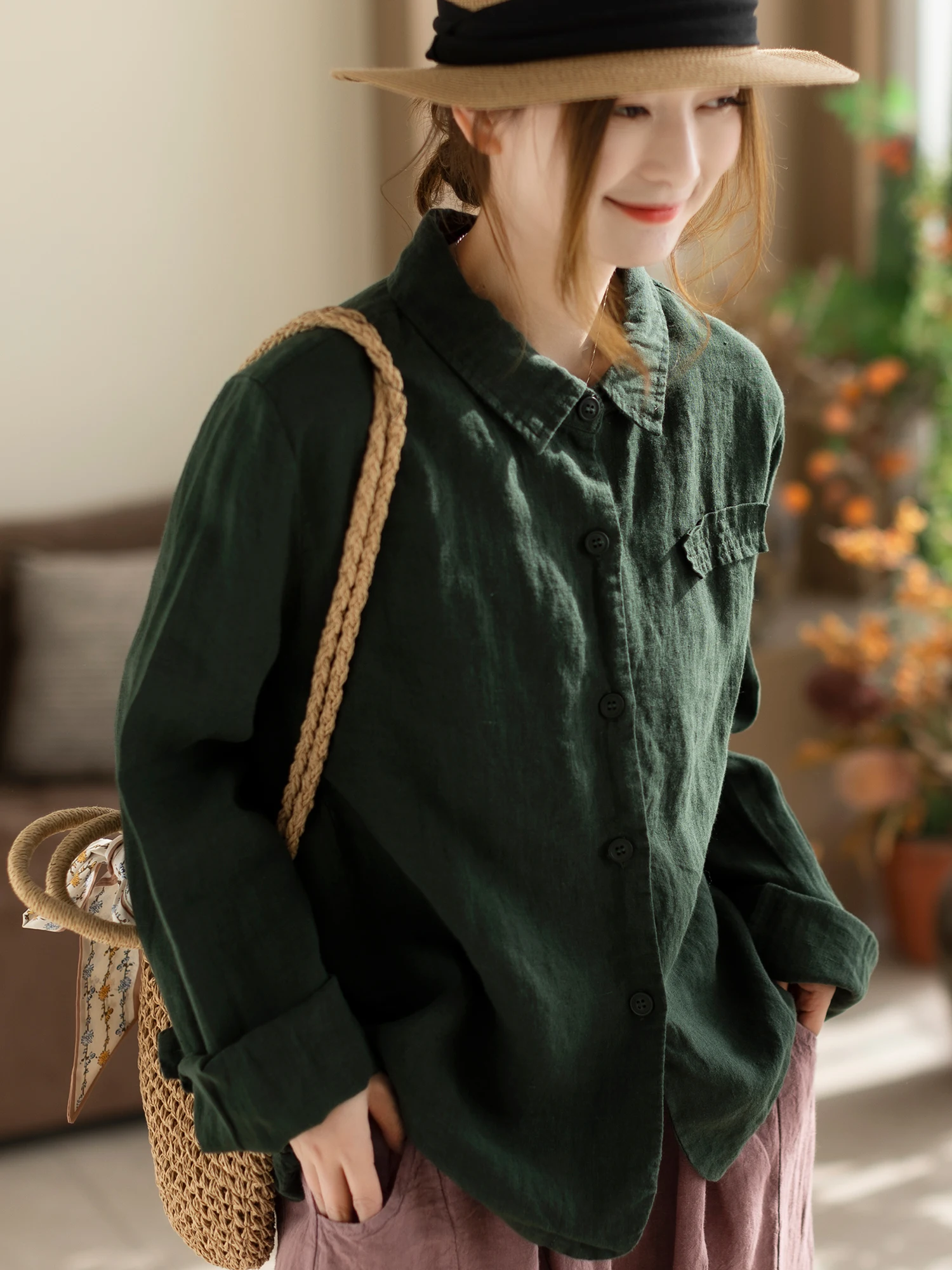 

Женская льняная рубашка Camiyu: новая модель весна-осень, свободный крой, длинный рукав, художественный стиль, для повседневной носки, модный цвет, женский открытый кардиган