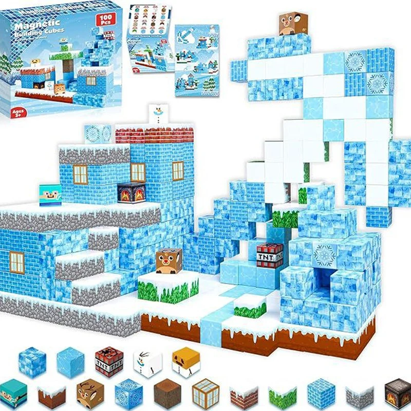 Cube magnétique du monde de glace et de neige pour la Construction, ensemble de Construction à empiler, jouets sensoriels éducatifs pour enfants garçons filles âgés de 3 ans et plus, bricolage