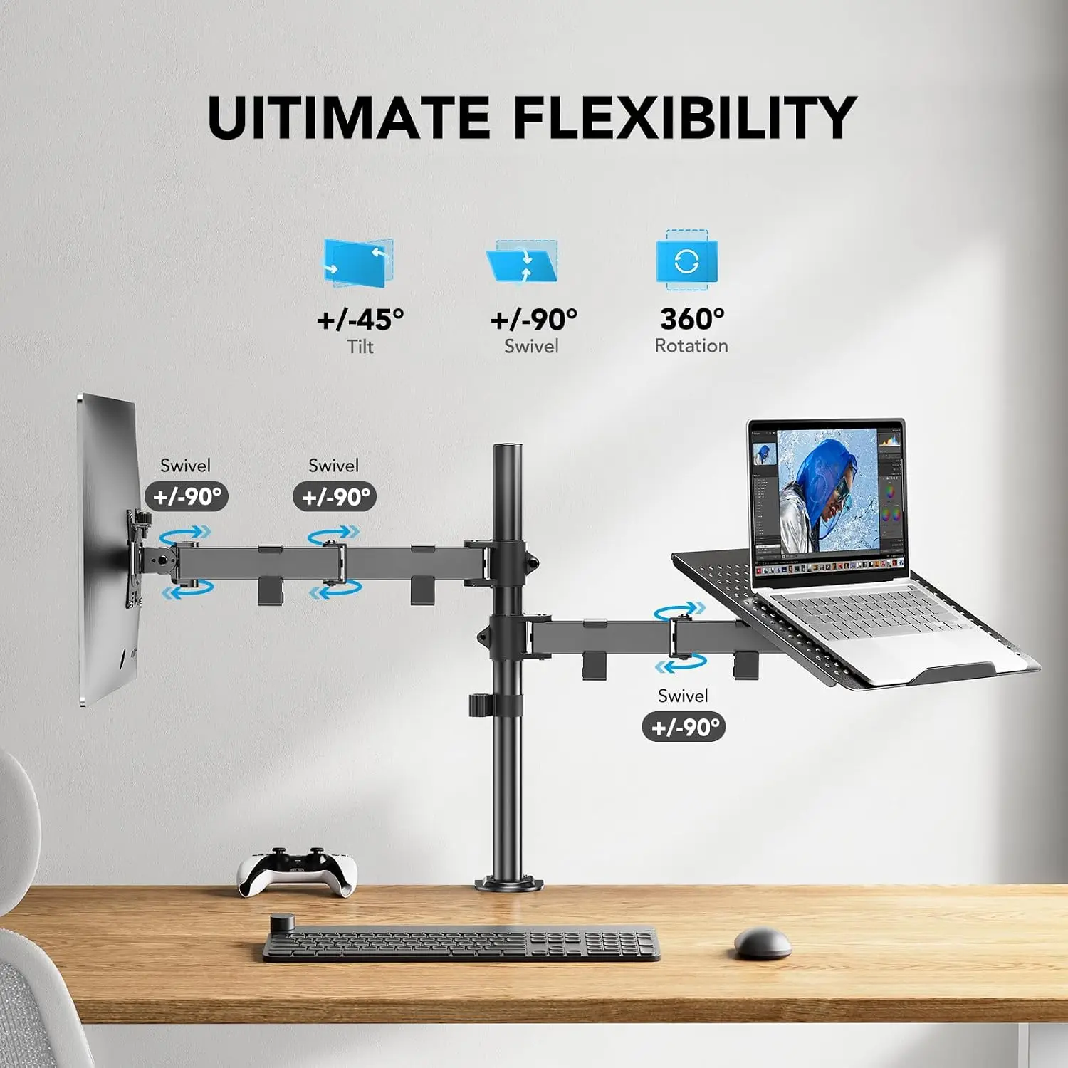 Adjustable Monitor Arm with Laptop Tray, Single Desk Mount for 13-32" VESA Monitors up to 22 lbs, 14"x12" Laptop Tray view 3