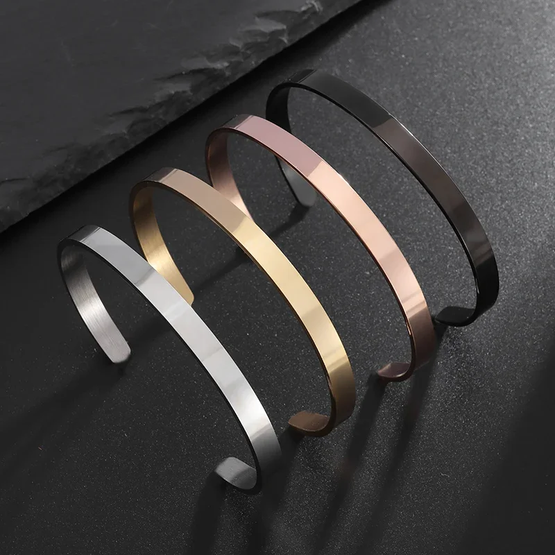 Stainless Steel Polished Design C Shape 6Mm Open Bracelet for Men Women Fashion Punk Mirror Bracelet Couple Jewelry