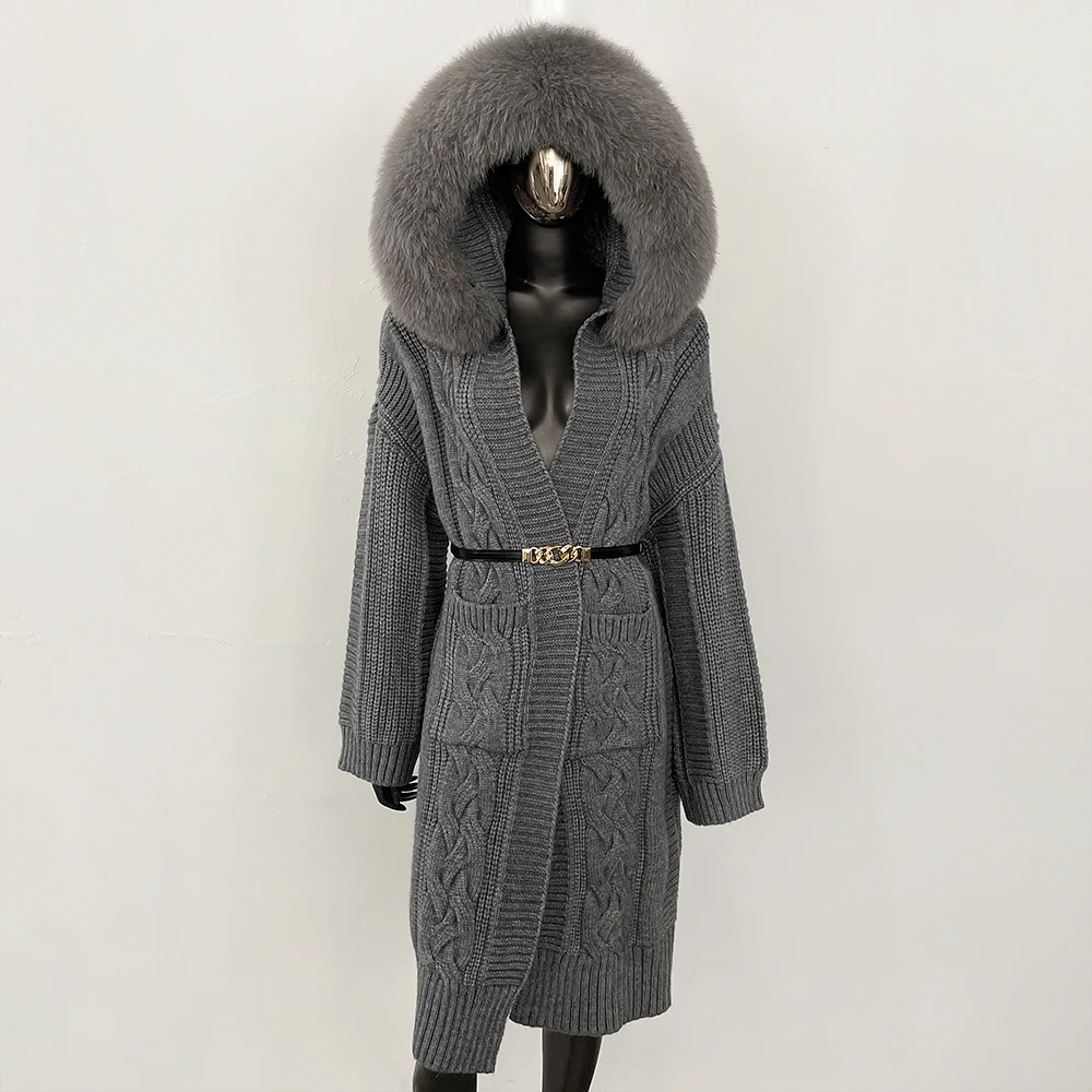 

FURYOURSELF Autumn Winter Knitted Clothes Women Fashion Thick Warm Belt Sweater Coat Female Hooded Real Fox Fur Cardigan Jacket