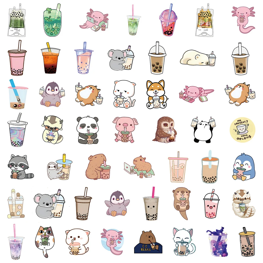 10/30/50pcs Kawaii Animal Pearl Milk Tea Stickers Cute Cartoon Kids Decals Toy DIY Fridge Scrapbook Phone Graffiti Sticker Decor