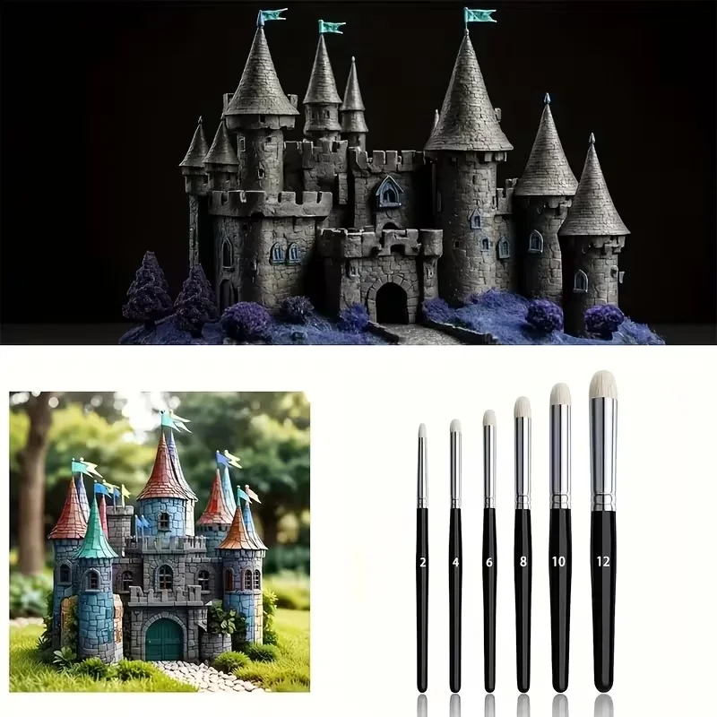 A set of 6 professional dry painting brushes with wooden handles, suitable for acrylic, watercolor and oil painting.